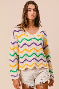 Mardi Gras Wavy Stripes V-Neck Sweater