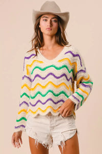 Mardi Gras Wavy Stripes V-Neck Sweater