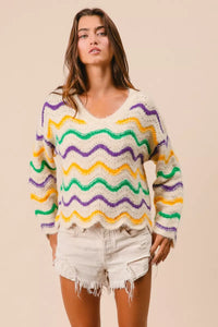 Mardi Gras Wavy Stripes V-Neck Sweater