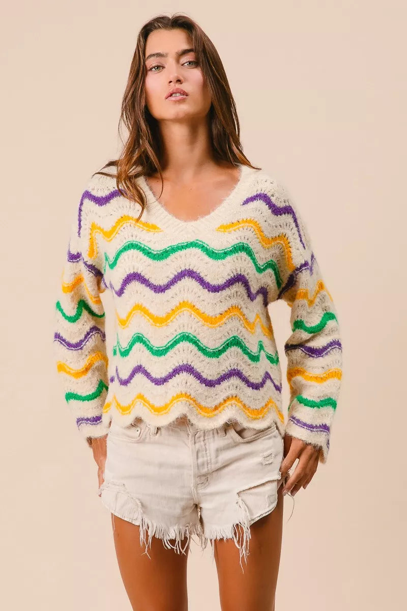 Mardi Gras Wavy Stripes V-Neck Sweater