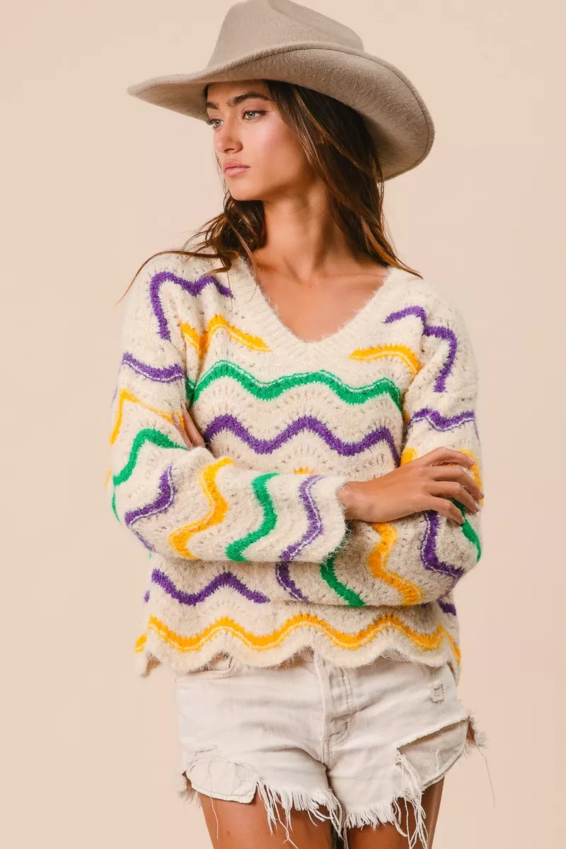 Mardi Gras Wavy Stripes V-Neck Sweater