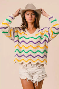 Mardi Gras Wavy Stripes V-Neck Sweater
