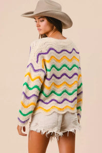 Mardi Gras Wavy Stripes V-Neck Sweater