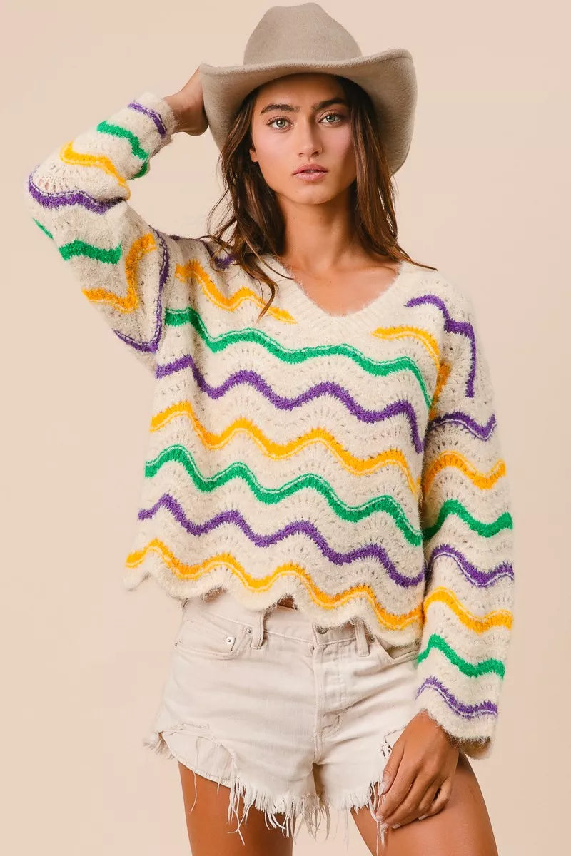 Mardi Gras Wavy Stripes V-Neck Sweater