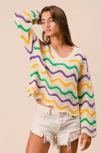 Mardi Gras Wavy Stripes V-Neck Sweater