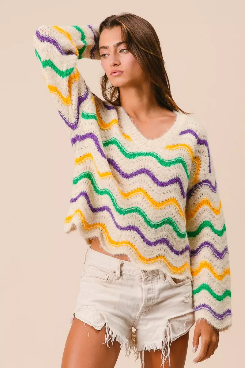 Mardi Gras Wavy Stripes V-Neck Sweater