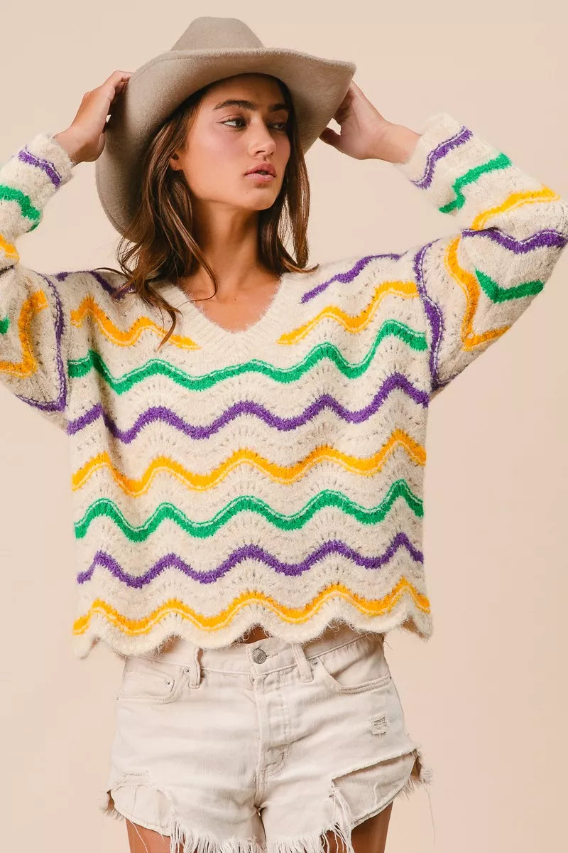 Mardi Gras Wavy Stripes V-Neck Sweater