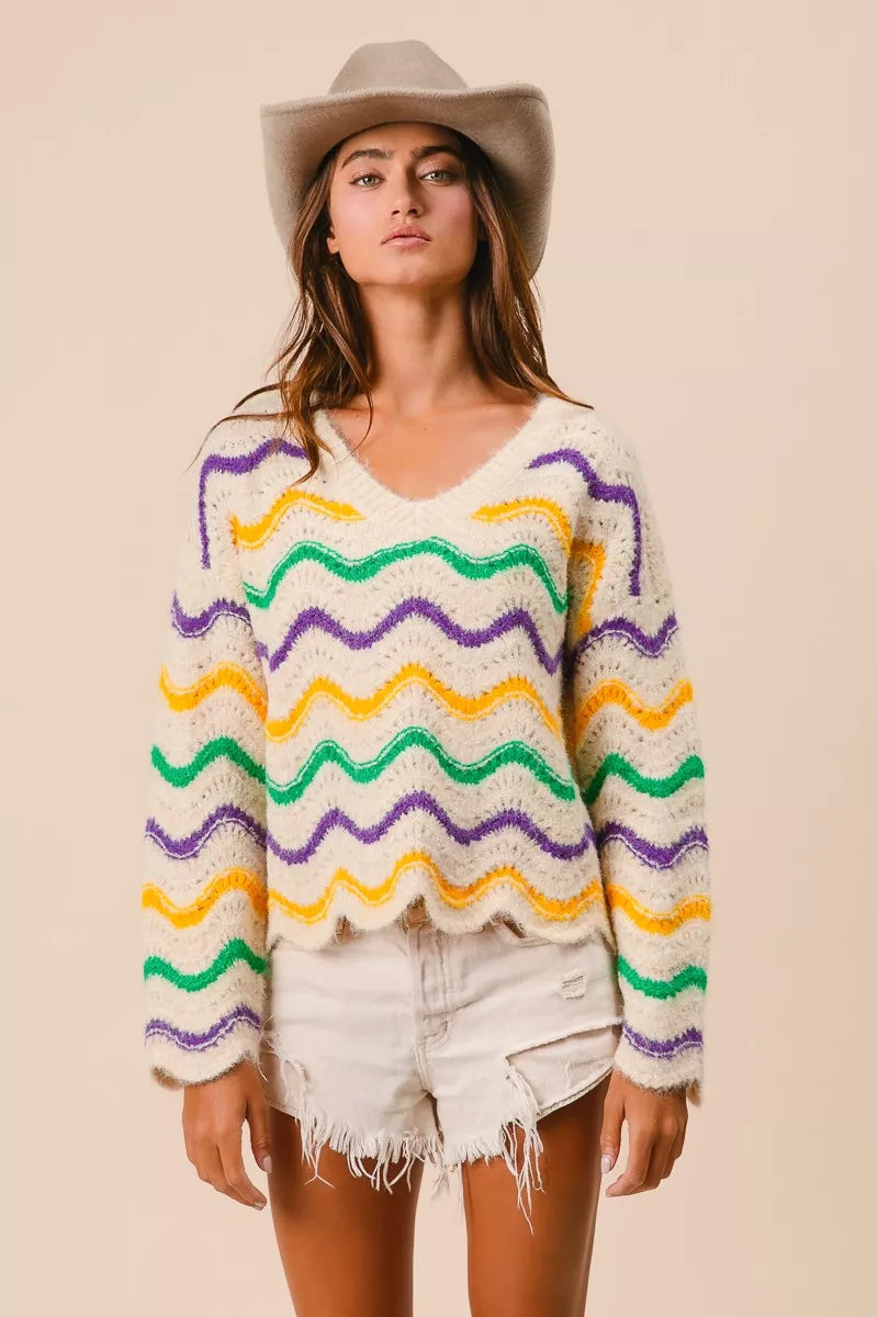 Mardi Gras Wavy Stripes V-Neck Sweater