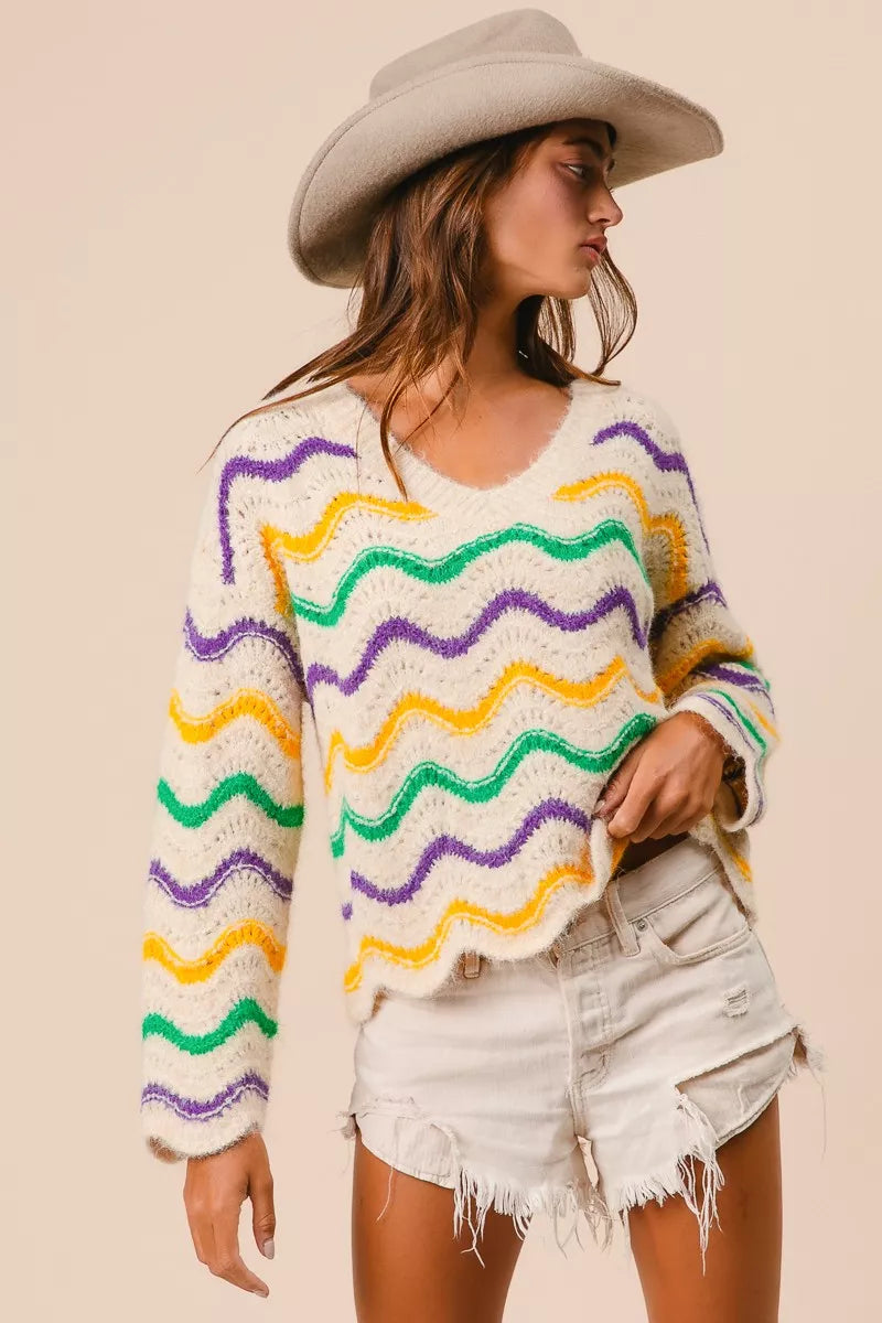 Mardi Gras Wavy Stripes V-Neck Sweater