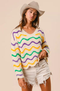 Mardi Gras Wavy Stripes V-Neck Sweater
