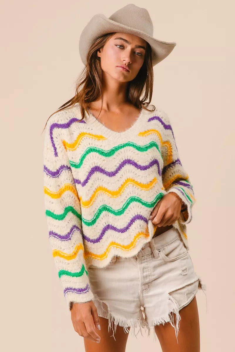 Mardi Gras Wavy Stripes V-Neck Sweater