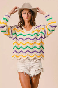 Mardi Gras Wavy Stripes V-Neck Sweater