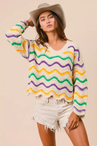 Mardi Gras Wavy Stripes V-Neck Sweater