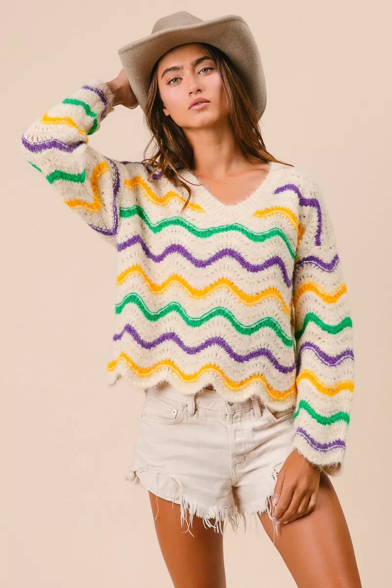 Mardi Gras Wavy Stripes V-Neck Sweater