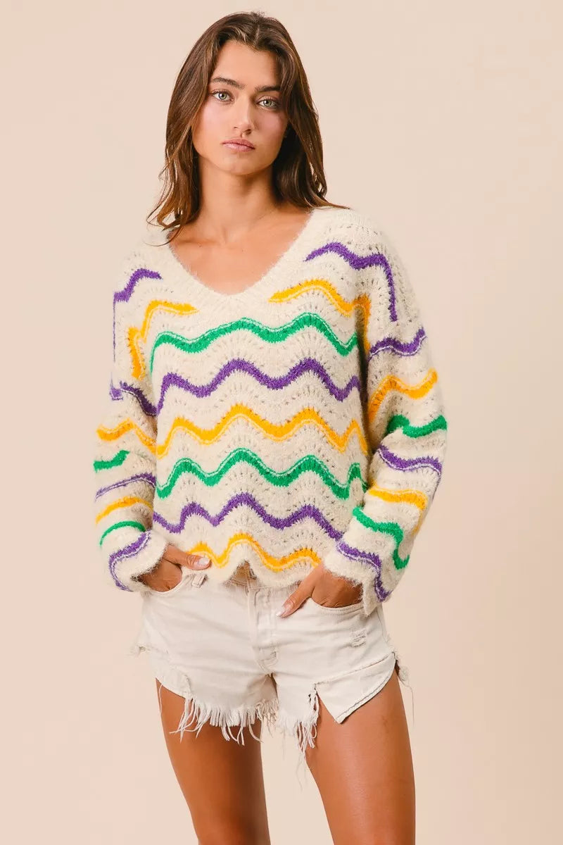 Mardi Gras Wavy Stripes V-Neck Sweater