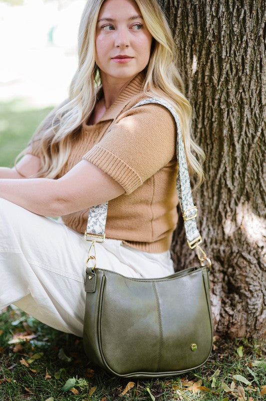Marissa Crossbody Saddle Bag with Interchangeable Strap Set-The Marissa Crossbody Bag Bundle includes 1 olive saddle bag + 4 straps. Versatile vegan leather saddle bag with gold hardware and interchangeable straps.-Reef Love