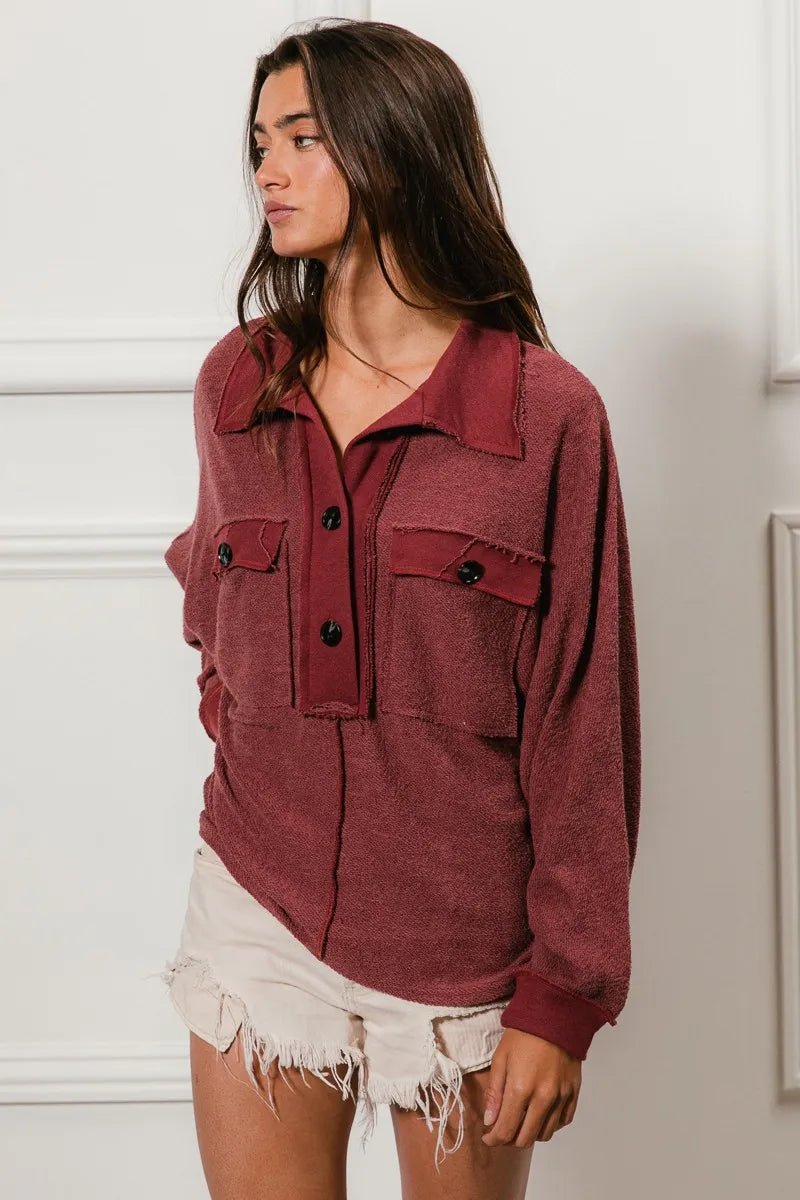 Marsala French Terry Cut Edge Detail Collared Top