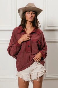 Marsala French Terry Cut Edge Detail Collared Top