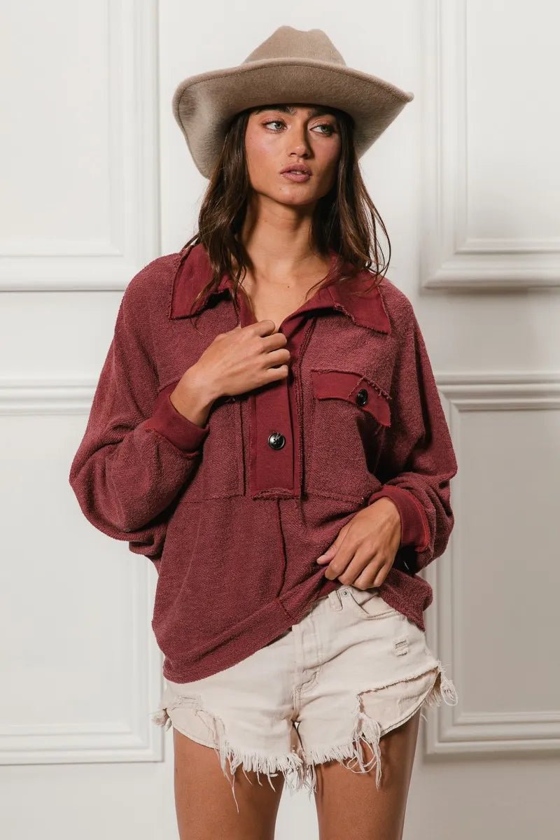 Marsala French Terry Cut Edge Detail Collared Top