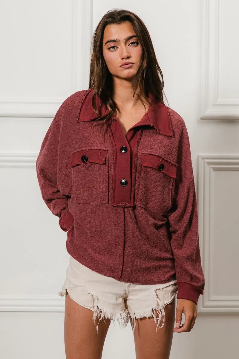 Marsala French Terry Cut Edge Detail Collared Top
