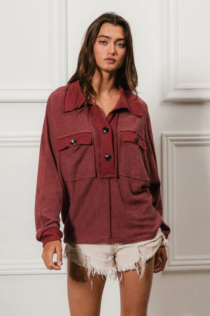Marsala French Terry Cut Edge Detail Collared Top