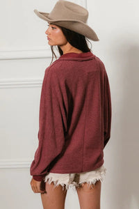 Marsala French Terry Cut Edge Detail Collared Top