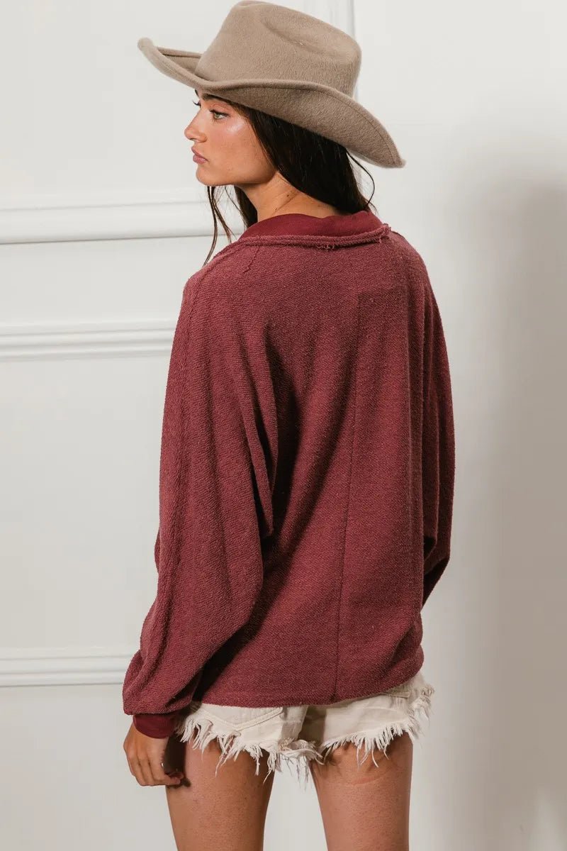 Marsala French Terry Cut Edge Detail Collared Top
