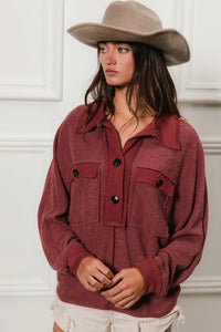 Marsala French Terry Cut Edge Detail Collared Top