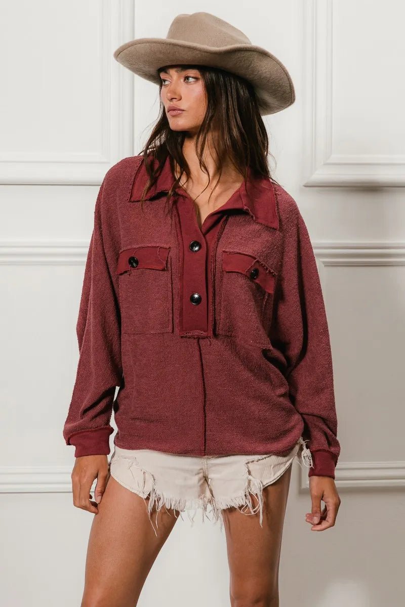 Marsala French Terry Cut Edge Detail Collared Top