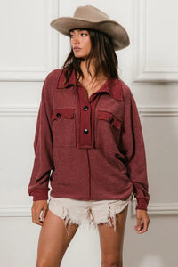 Marsala French Terry Cut Edge Detail Collared Top