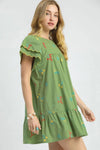 Matcha Floral Embroidered Mini Dress-This charming mini dress features a refreshing sage green base adorned with delicate embroidered floral motifs in vibrant colors. Crafted from lightweight fabric.-Reef Love Boho-Chic Boutique