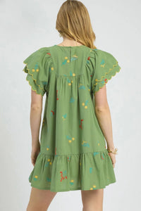 Matcha Floral Embroidered Mini Dress-This charming mini dress features a refreshing sage green base adorned with delicate embroidered floral motifs in vibrant colors. Crafted from lightweight fabric.-Reef Love Boho-Chic Boutique