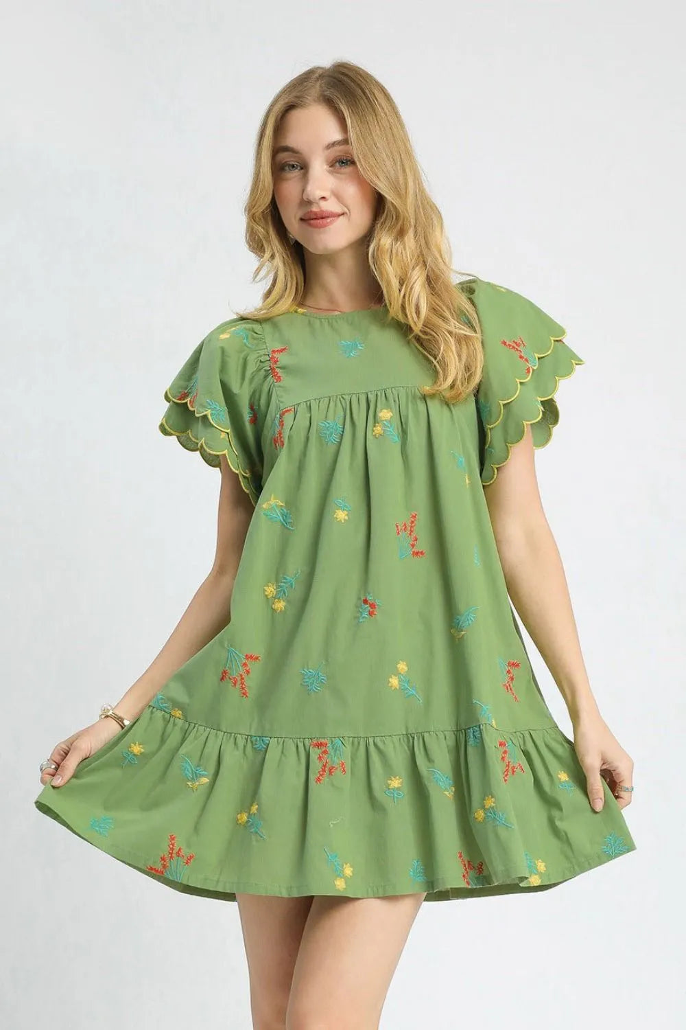 Matcha Floral Embroidered Mini Dress-This charming mini dress features a refreshing sage green base adorned with delicate embroidered floral motifs in vibrant colors. Crafted from lightweight fabric.-Reef Love Boho-Chic Boutique