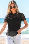 Megan Sheer Mesh Mock Neck Lettuce Trim Blouse
