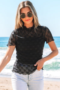 Megan Sheer Mesh Mock Neck Lettuce Trim Blouse