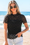 Megan Sheer Mesh Mock Neck Lettuce Trim Blouse