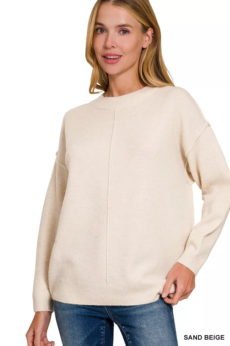 Melange Front Seam Sweater-Cozy melange front seam sweater with a round neck and relaxed oversized fit. A chic layering essential for casual, effortless women’s fall style.-Reef Love