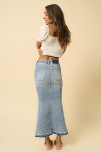 Mermaid Denim Maxi Skirt-Mermaid Denim Maxi Skirt in light wash with released hem and flattering silhouette. Chic, boho-chic denim skirt perfect for everyday wear, vacations, or nights out.-Reef Love