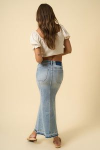 Mermaid Denim Maxi Skirt-Mermaid Denim Maxi Skirt in light wash with released hem and flattering silhouette. Chic, boho-chic denim skirt perfect for everyday wear, vacations, or nights out.-Reef Love