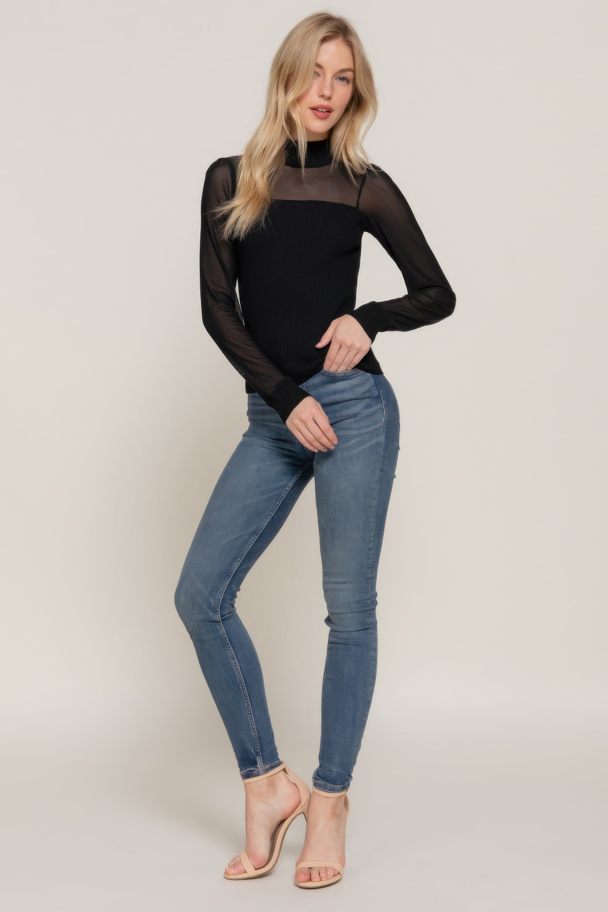 Mesh Panel Mock Neck Top