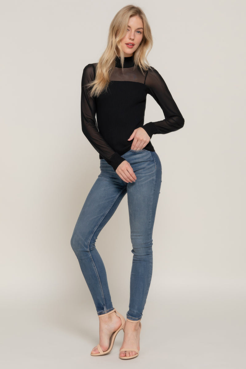 Mesh Panel Mock Neck Top