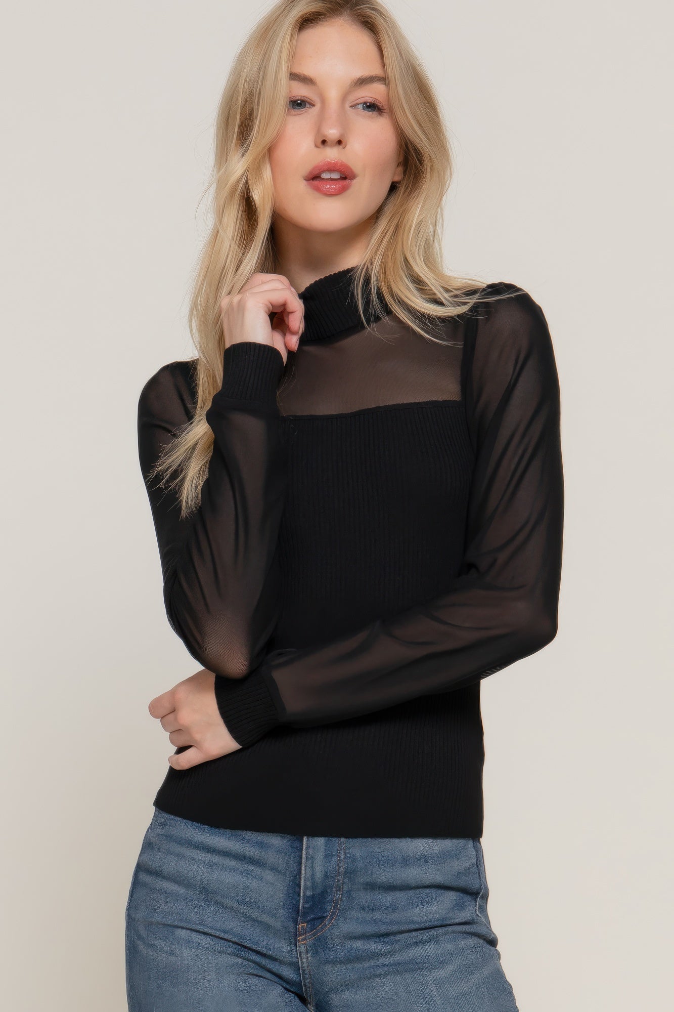 Mesh Panel Mock Neck Top – Reef Love