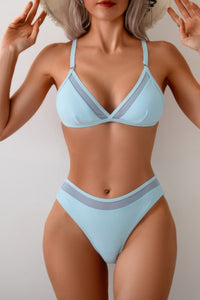 Shop Mesh Trim Solid High Cut Bikini-Minimalist mesh-trim bikini with a high-cut leg and soft stretch fit. Sleek, feminine, and perfect for beach vacations or poolside lounging.-available at Reef Love online boho-chic boutique