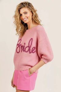 Metallic BRIDE Letter Short Puff Sleeve Hairy Sweater-Reef Love