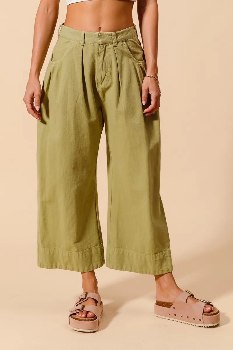 Shop Mid Rise Wide Leg Cropped Chino Pants-Relaxed olive green chino cropped pants with wide leg & drawstring waist. Lightweight cotton for summer comfort. Perfect for casual days & effortless styling.-available at Reef Love online boho-chic boutique