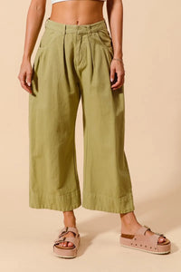 Shop Mid Rise Wide Leg Cropped Chino Pants-Relaxed olive green chino cropped pants with wide leg & drawstring waist. Lightweight cotton for summer comfort. Perfect for casual days & effortless styling.-available at Reef Love online boho-chic boutique