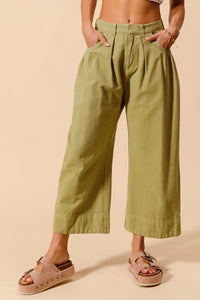 Shop Mid Rise Wide Leg Cropped Chino Pants-Relaxed olive green chino cropped pants with wide leg & drawstring waist. Lightweight cotton for summer comfort. Perfect for casual days & effortless styling.-available at Reef Love online boho-chic boutique