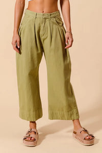 Shop Mid Rise Wide Leg Cropped Chino Pants-Relaxed olive green chino cropped pants with wide leg & drawstring waist. Lightweight cotton for summer comfort. Perfect for casual days & effortless styling.-available at Reef Love online boho-chic boutique