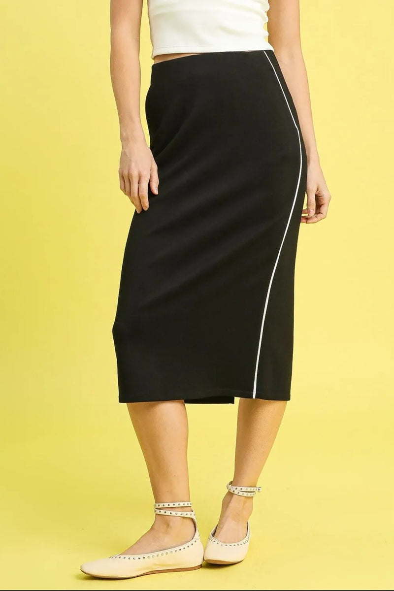 Midi Pencil Skirt with Contrast Piping Detail-This sophisticated black midi pencil skirt features a striking white piping detail that runs along the side, creating a sleek and modern contrast with stretch.-Reef Love