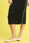 Midi Pencil Skirt with Contrast Piping Detail-This sophisticated black midi pencil skirt features a striking white piping detail that runs along the side, creating a sleek and modern contrast with stretch.-Reef Love